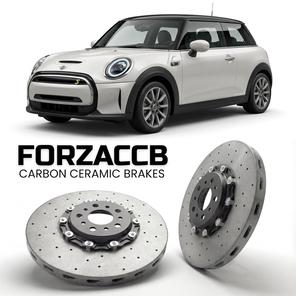 ForzaCCB direct OEM replacement carbon ceramic brake rotors for 2019-2021) Mini Electric Cooper SE (F56 models, shown with a white Mini Electric car.