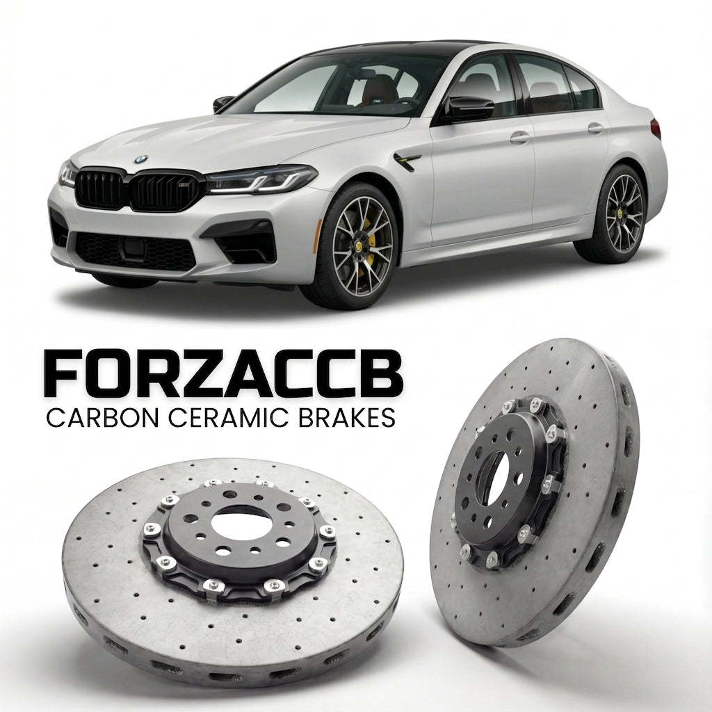 ForzaCCB direct OEM replacement carbon ceramic brake rotors for 2021-2023) Mini Electric Cooper SE (F56, facelift 2021 models, shown with a white Mini Electric car.