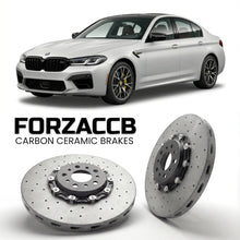 ForzaCCB direct OEM replacement carbon ceramic brake rotors for 2021-2023) Mini Electric Cooper SE (F56, facelift 2021 models, shown with a white Mini Electric car.
