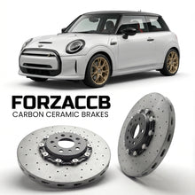 ForzaCCB direct OEM replacement carbon ceramic brake rotors for 2024 and newer Mini Electric J01 models, shown with a white Mini Electric car.