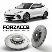 ForzaCCB direct OEM replacement carbon ceramic brake rotors for 2023 and newer Lotus Eletre Type 132 models, shown with a white Lotus Eletre car.