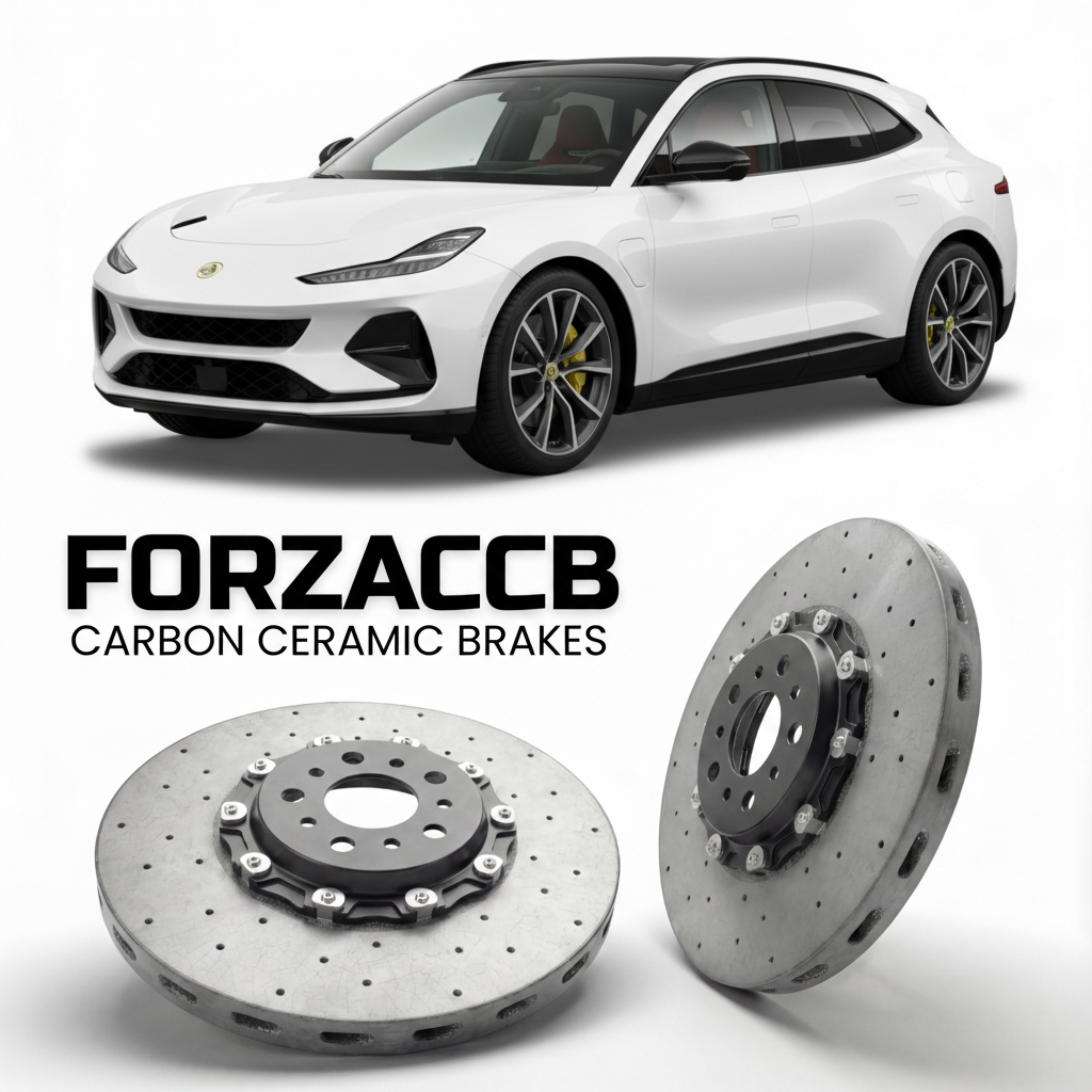 ForzaCCB direct OEM replacement carbon ceramic brake rotors for 2023 and newer Lotus Eletre Type 132 models, shown with a white Lotus Eletre car.