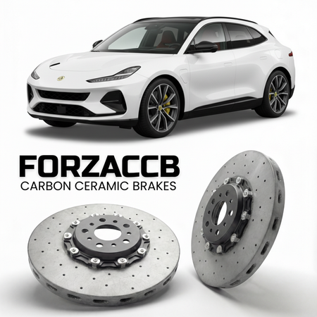 ForzaCCB direct OEM replacement carbon ceramic brake rotors for 2023 and newer Lotus Eletre Type 132 models, shown with a white Lotus Eletre car.