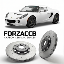 ForzaCCB direct OEM replacement carbon ceramic brake rotors for 2005 to 2010 Lotus Elise S2; Type 111 models, shown with a white Lotus Elise car.