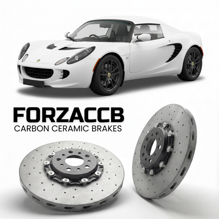 ForzaCCB direct OEM replacement carbon ceramic brake rotors for 2005 to 2010 Lotus Elise S2; Type 111 models, shown with a white Lotus Elise car.