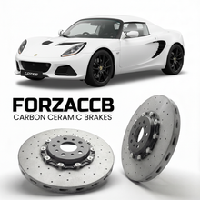 ForzaCCB direct OEM replacement carbon ceramic brake rotors for 2011 to 2021 Lotus Elise S3; Type 111/121 models, shown with a white Lotus Elise car.