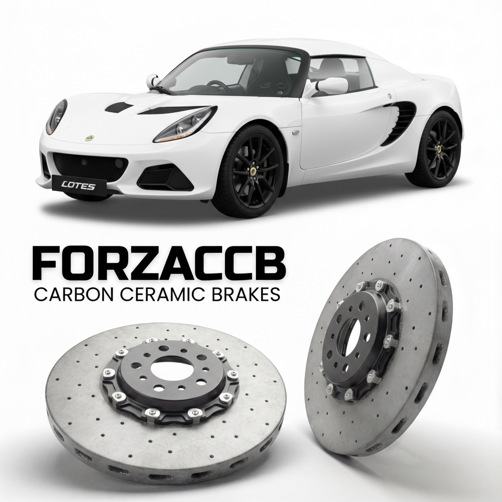 ForzaCCB direct OEM replacement carbon ceramic brake rotors for 2011 to 2021 Lotus Elise S3; Type 111/121 models, shown with a white Lotus Elise car.