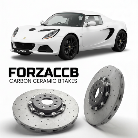 ForzaCCB direct OEM replacement carbon ceramic brake rotors for 2011 to 2021 Lotus Elise S3; Type 111/121 models, shown with a white Lotus Elise car.