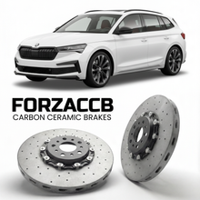ForzaCCB direct OEM replacement carbon ceramic brake rotors for 2024 and newer Skoda Elroq PY models, shown with a white Skoda Elroq car.