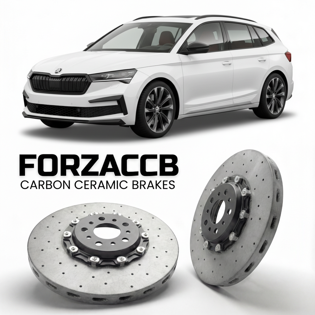 ForzaCCB direct OEM replacement carbon ceramic brake rotors for 2024 and newer Skoda Elroq PY models, shown with a white Skoda Elroq car.