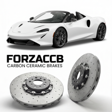 ForzaCCB direct OEM replacement carbon ceramic brake rotors for 2020 McLaren Elva P16 models, shown with a white McLaren Elva car.