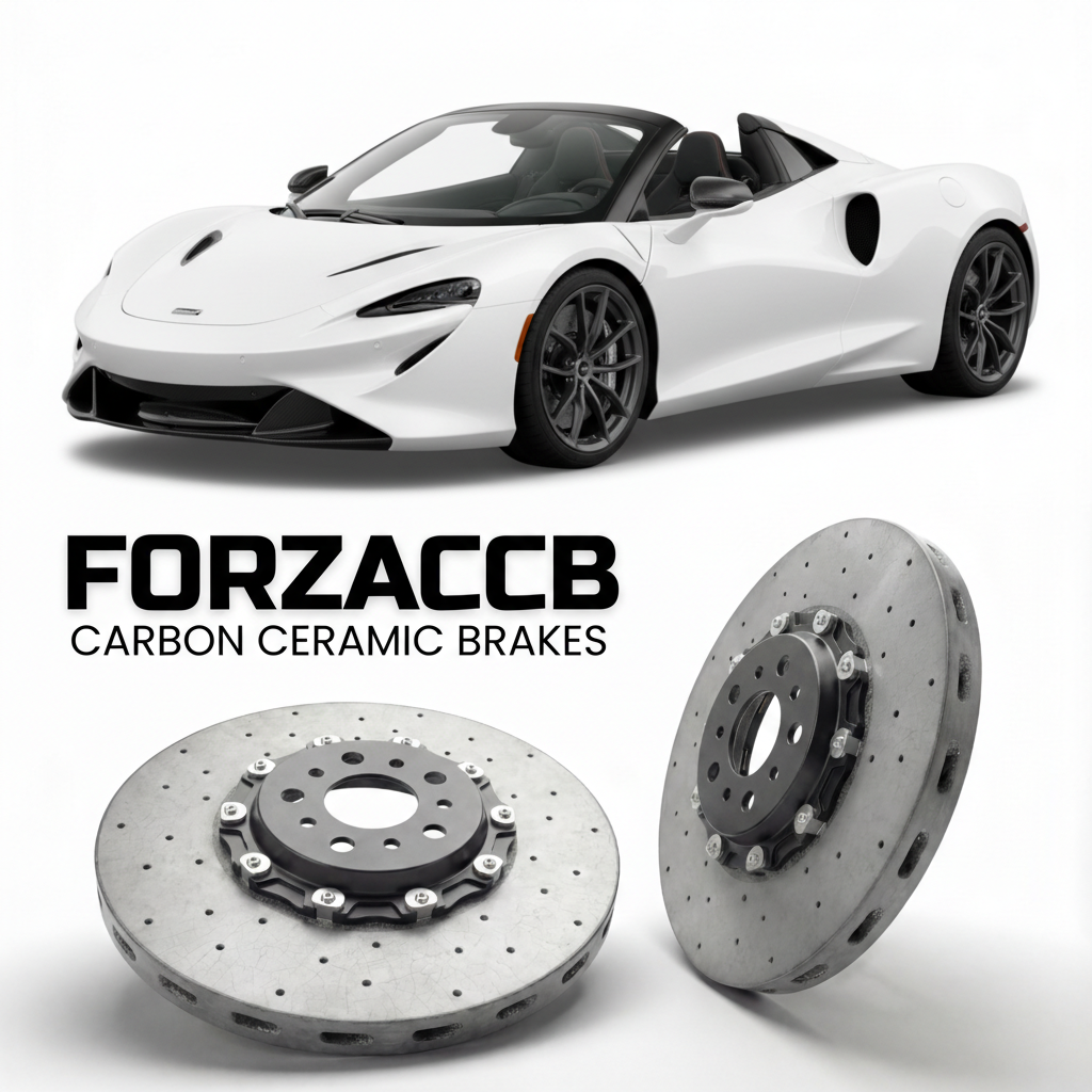 ForzaCCB direct OEM replacement carbon ceramic brake rotors for 2020 McLaren Elva P16 models, shown with a white McLaren Elva car.