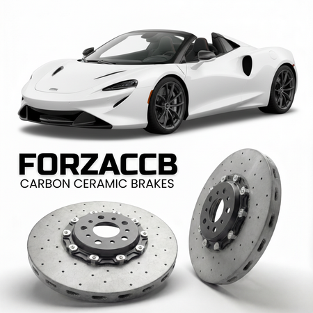 ForzaCCB direct OEM replacement carbon ceramic brake rotors for 2020 McLaren Elva P16 models, shown with a white McLaren Elva car.