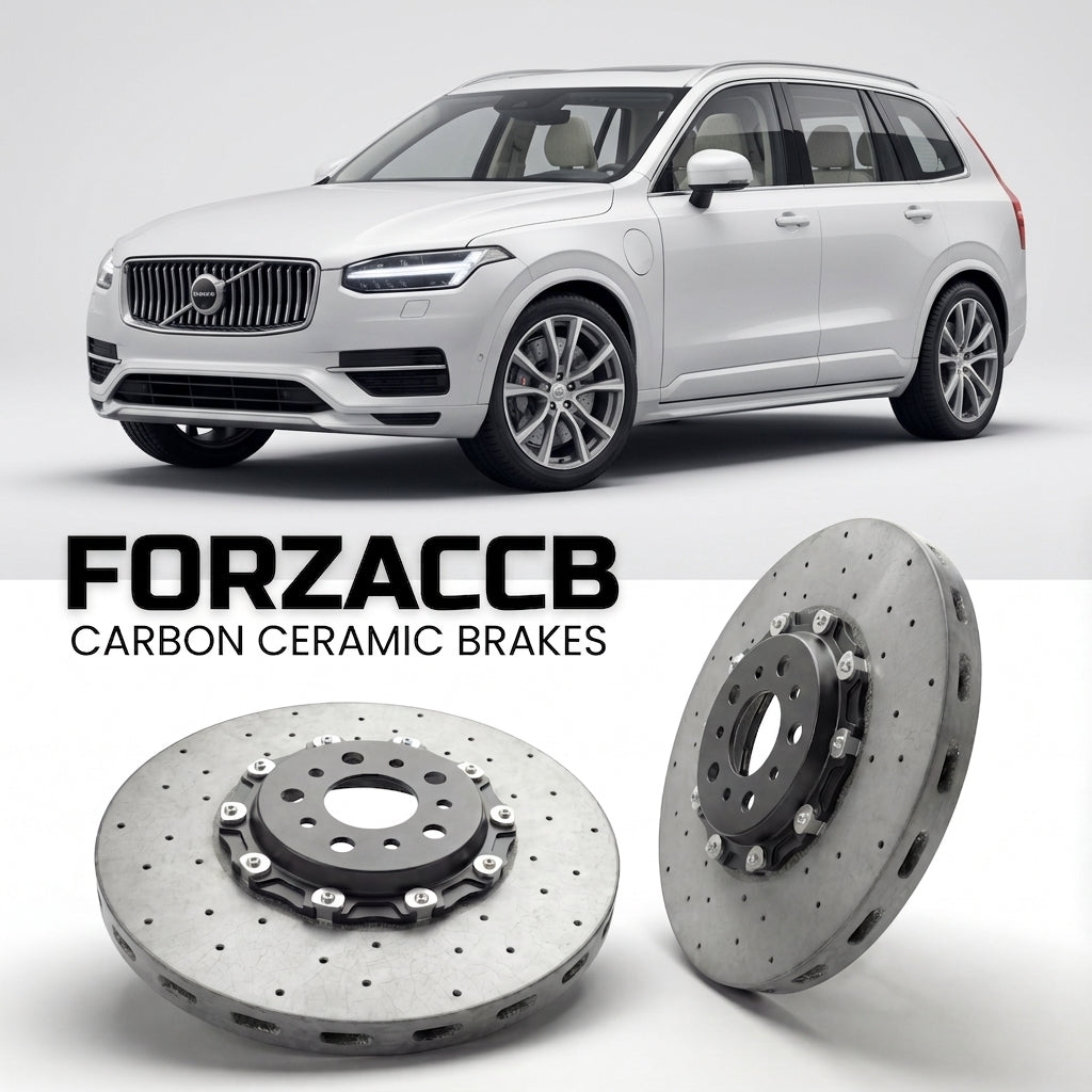 ForzaCCB direct OEM replacement carbon ceramic brake rotors for 2024 and newer Volvo EM90 models, shown with a white Volvo EM90 car.