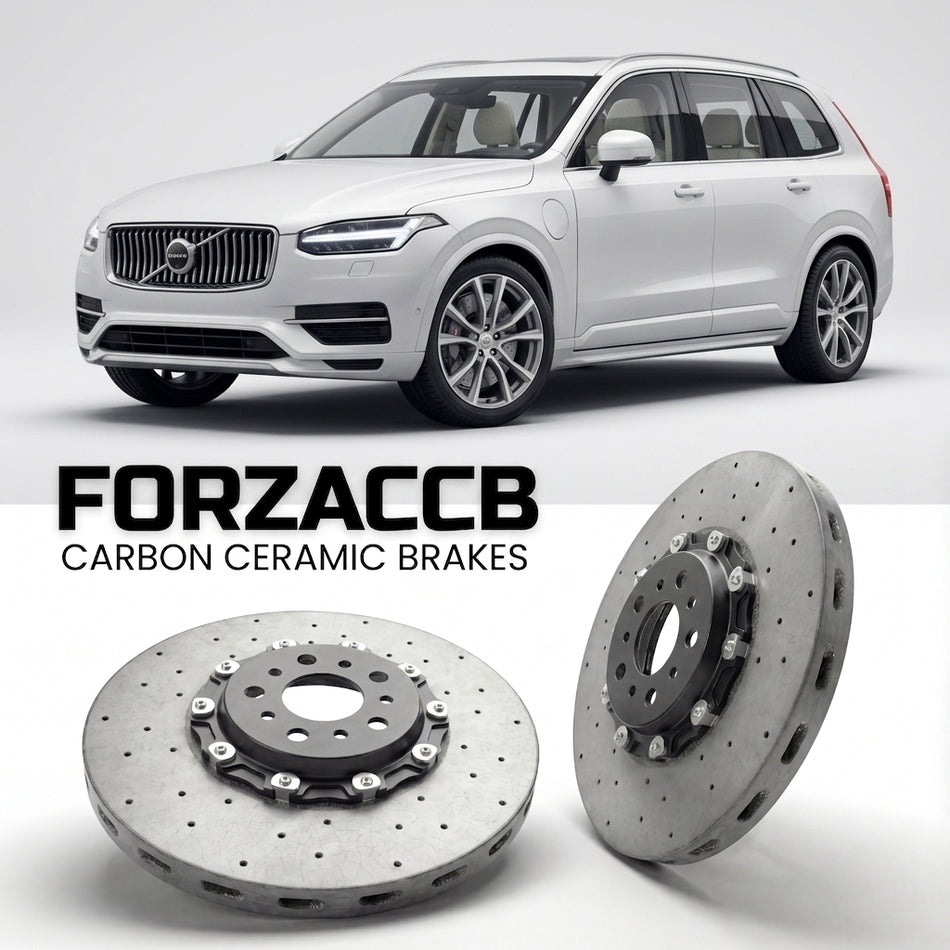 ForzaCCB direct OEM replacement carbon ceramic brake rotors for 2024 and newer Volvo EM90 models, shown with a white Volvo EM90 car.
