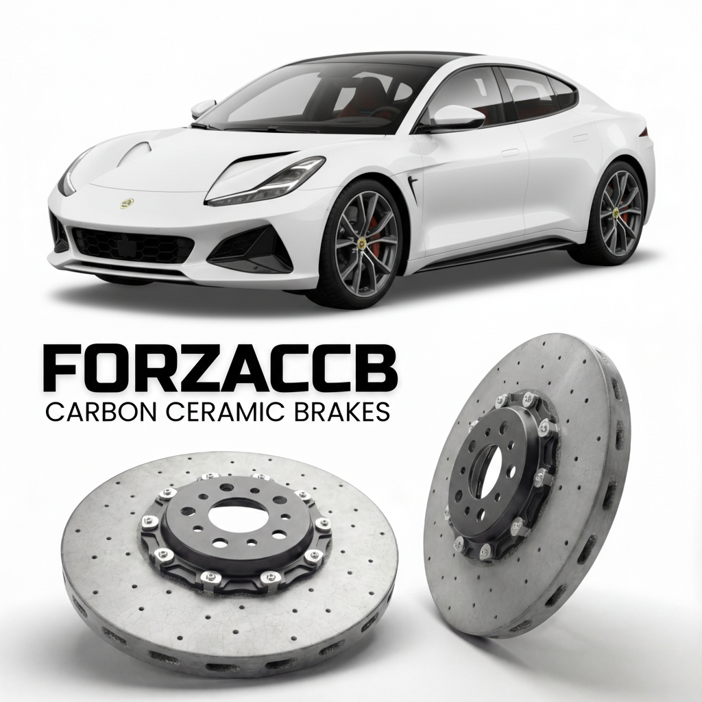 ForzaCCB direct OEM replacement carbon ceramic brake rotors for 2024 and newer Lotus Emeya Type 133 models, shown with a white Lotus Emeya car.
