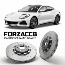 ForzaCCB direct OEM replacement carbon ceramic brake rotors for 2024 and newer Lotus Emeya Type 133 models, shown with a white Lotus Emeya car.