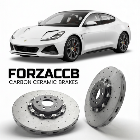 ForzaCCB direct OEM replacement carbon ceramic brake rotors for 2024 and newer Lotus Emeya Type 133 models, shown with a white Lotus Emeya car.