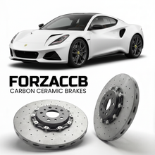 ForzaCCB direct OEM replacement carbon ceramic brake rotors for 2022 and newer Lotus Emira Type 131 models, shown with a white Lotus Emira car.