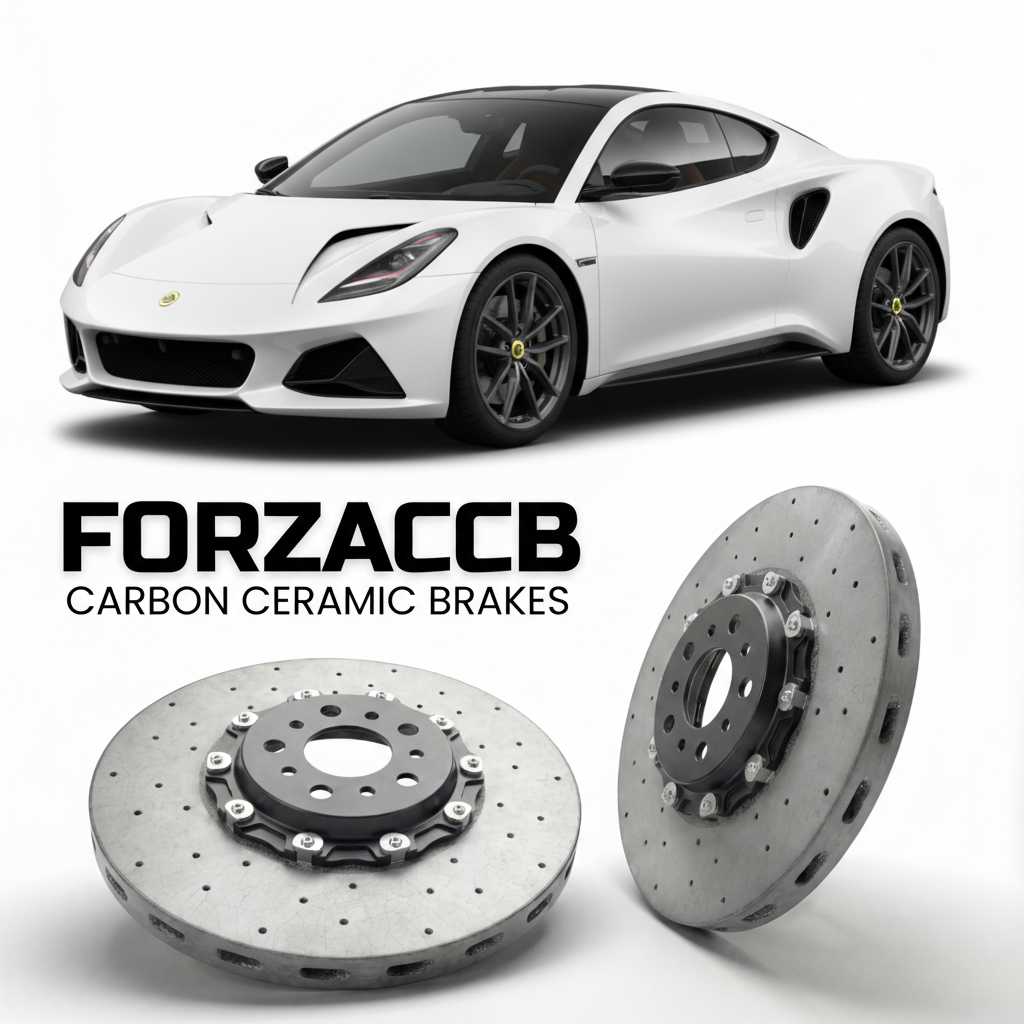 ForzaCCB direct OEM replacement carbon ceramic brake rotors for 2022 and newer Lotus Emira Type 131 models, shown with a white Lotus Emira car.