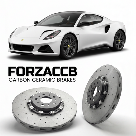 ForzaCCB direct OEM replacement carbon ceramic brake rotors for 2022 and newer Lotus Emira Type 131 models, shown with a white Lotus Emira car.