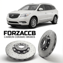 ForzaCCB direct OEM replacement carbon ceramic brake rotors for 2007 to 2012 Buick Enclave models, shown with a white Buick Enclave car.