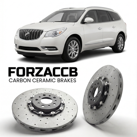 ForzaCCB direct OEM replacement carbon ceramic brake rotors for 2007 to 2012 Buick Enclave models, shown with a white Buick Enclave car.