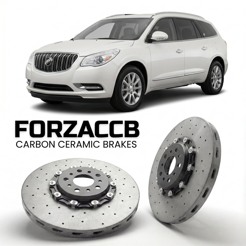 ForzaCCB direct OEM replacement carbon ceramic brake rotors for 2007 to 2012 Buick Enclave models, shown with a white Buick Enclave car.