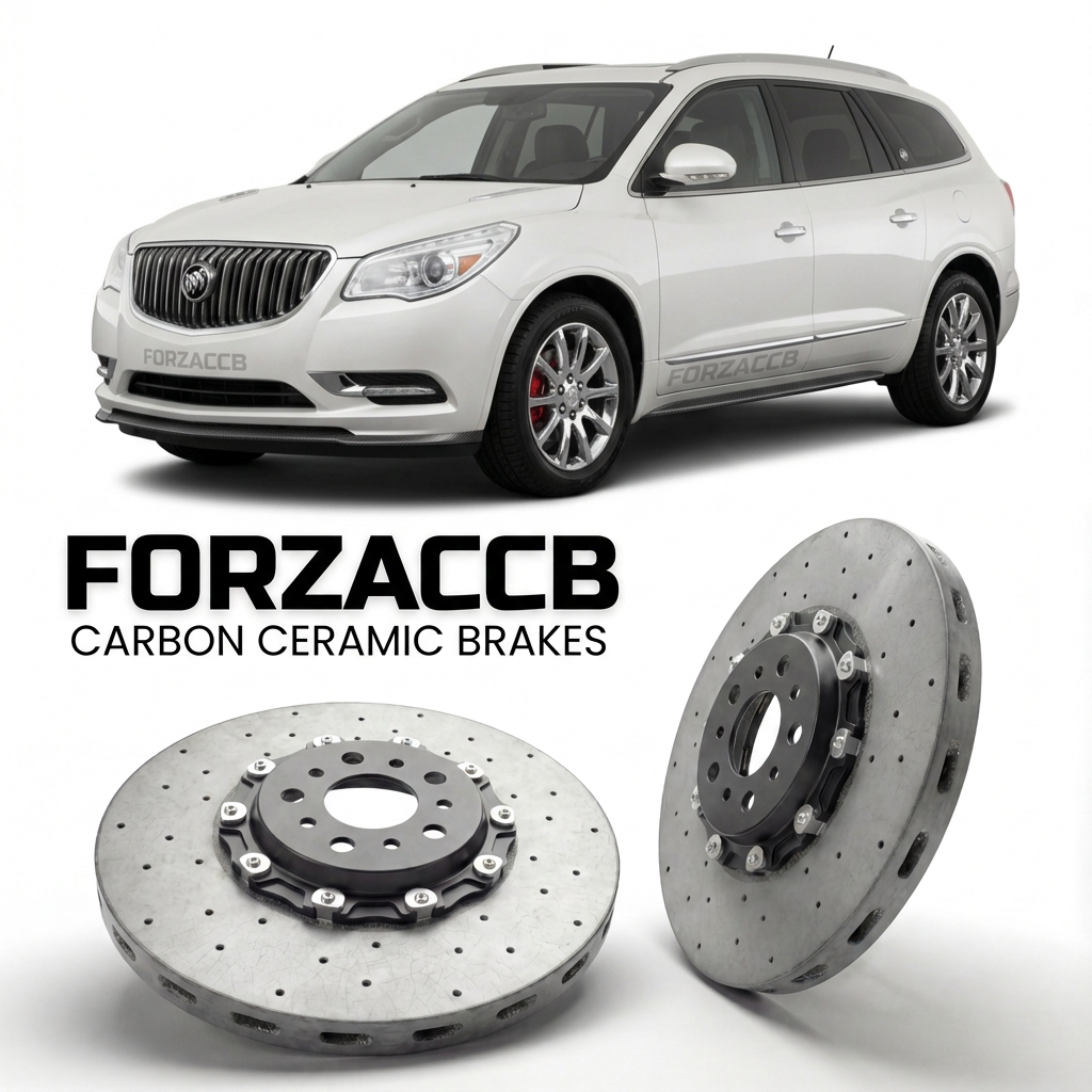 ForzaCCB direct OEM replacement carbon ceramic brake rotors for 2013-2017) Buick Enclave I (facelift 2013 models, shown with a white Buick Enclave car.