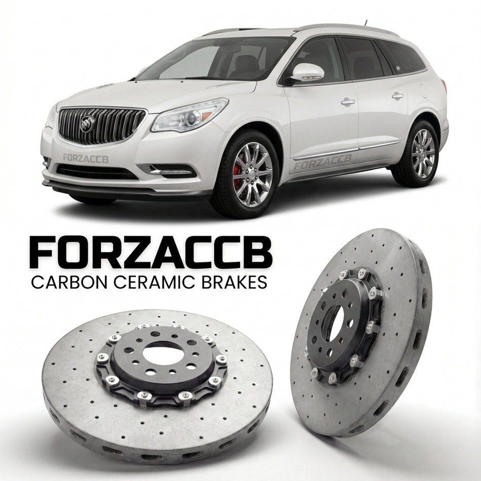 ForzaCCB direct OEM replacement carbon ceramic brake rotors for 2013-2017) Buick Enclave I (facelift 2013 models, shown with a white Buick Enclave car.