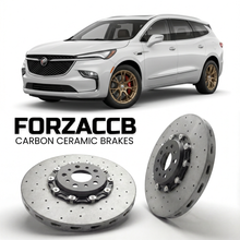 ForzaCCB direct OEM replacement carbon ceramic brake rotors for 2022-2024) Buick Enclave II (facelift 2022 models, shown with a white Buick Enclave car.