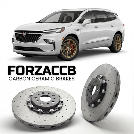 ForzaCCB direct OEM replacement carbon ceramic brake rotors for 2022-2024) Buick Enclave II (facelift 2022 models, shown with a white Buick Enclave car.