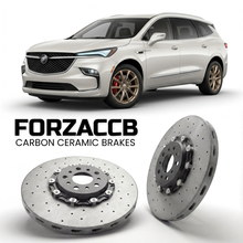 ForzaCCB direct OEM replacement carbon ceramic brake rotors for 2024 and newer Buick Enclave III models, shown with a white Buick Enclave car.