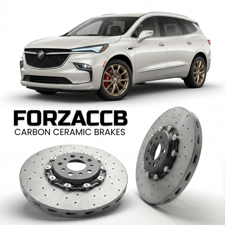 ForzaCCB direct OEM replacement carbon ceramic brake rotors for 2024 and newer Buick Enclave III models, shown with a white Buick Enclave car.