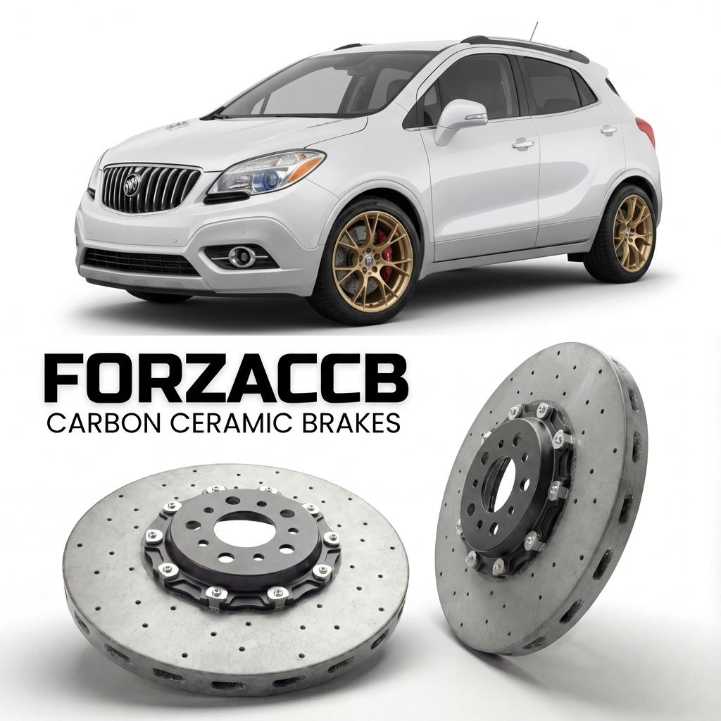 ForzaCCB direct OEM replacement carbon ceramic brake rotors for 2012 to 2017 Buick Encore models, shown with a white Buick Encore car.