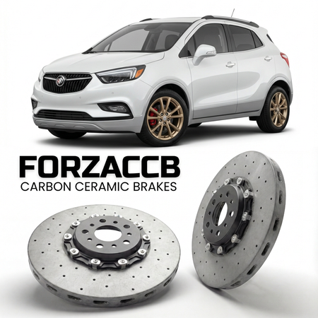 ForzaCCB direct OEM replacement carbon ceramic brake rotors for 2019 and newer Buick Encore II models, shown with a white Buick Encore car.