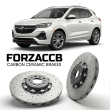 ForzaCCB direct OEM replacement carbon ceramic brake rotors for 2019 to 2023 Buick Encore GX models, shown with a white Buick Encore GX car.