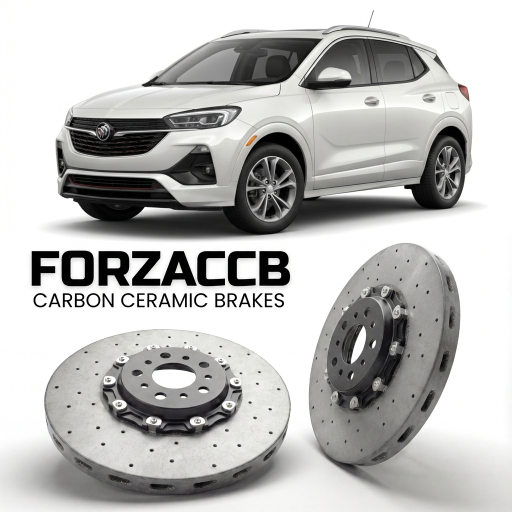 ForzaCCB direct OEM replacement carbon ceramic brake rotors for 2019 to 2023 Buick Encore GX models, shown with a white Buick Encore GX car.