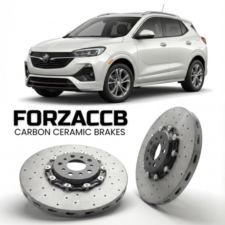 ForzaCCB direct OEM replacement carbon ceramic brake rotors for 2019 to 2023 Buick Encore GX models, shown with a white Buick Encore GX car.