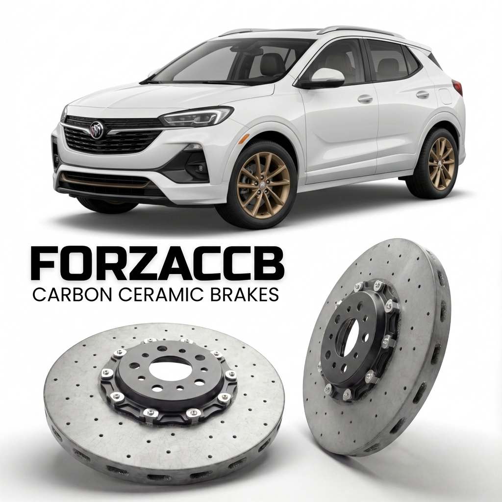 ForzaCCB direct OEM replacement carbon ceramic brake rotors for 2023+) Buick Encore GX I (facelift 2023 models, shown with a white Buick Encore GX car.