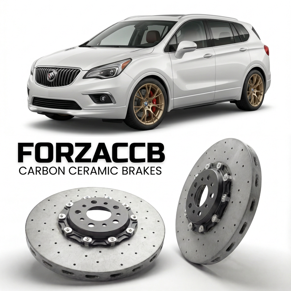 ForzaCCB direct OEM replacement carbon ceramic brake rotors for 2015 to 2017 Buick Envision models, shown with a white Buick Envision car.