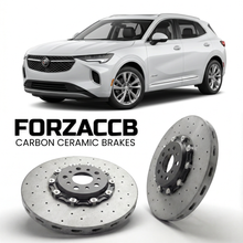 ForzaCCB direct OEM replacement carbon ceramic brake rotors for 2020 to 2024 Buick Envision II models, shown with a white Buick Envision car.