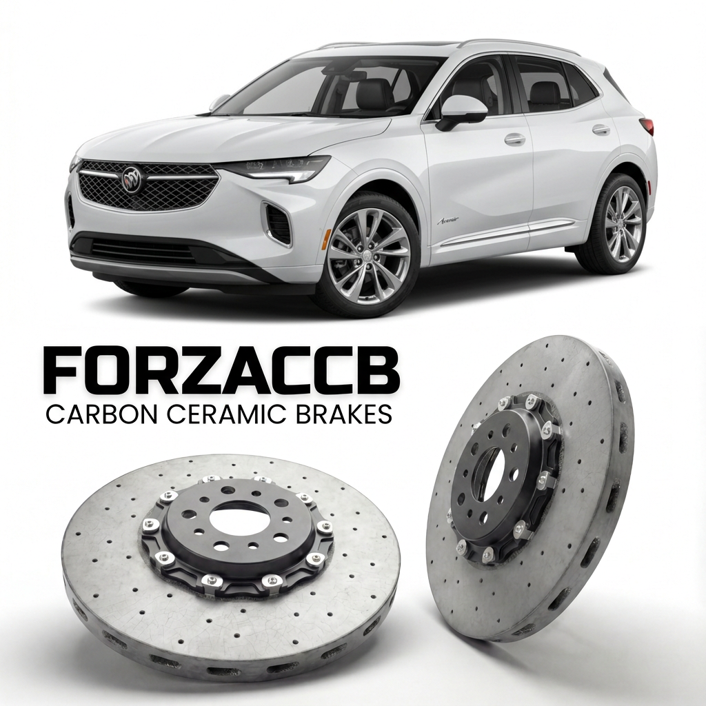 ForzaCCB direct OEM replacement carbon ceramic brake rotors for 2020 to 2024 Buick Envision II models, shown with a white Buick Envision car.
