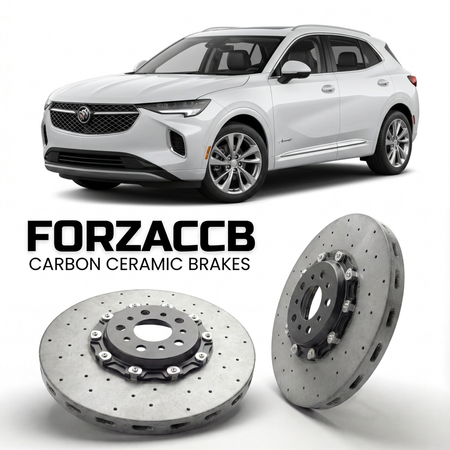 ForzaCCB direct OEM replacement carbon ceramic brake rotors for 2020 to 2024 Buick Envision II models, shown with a white Buick Envision car.