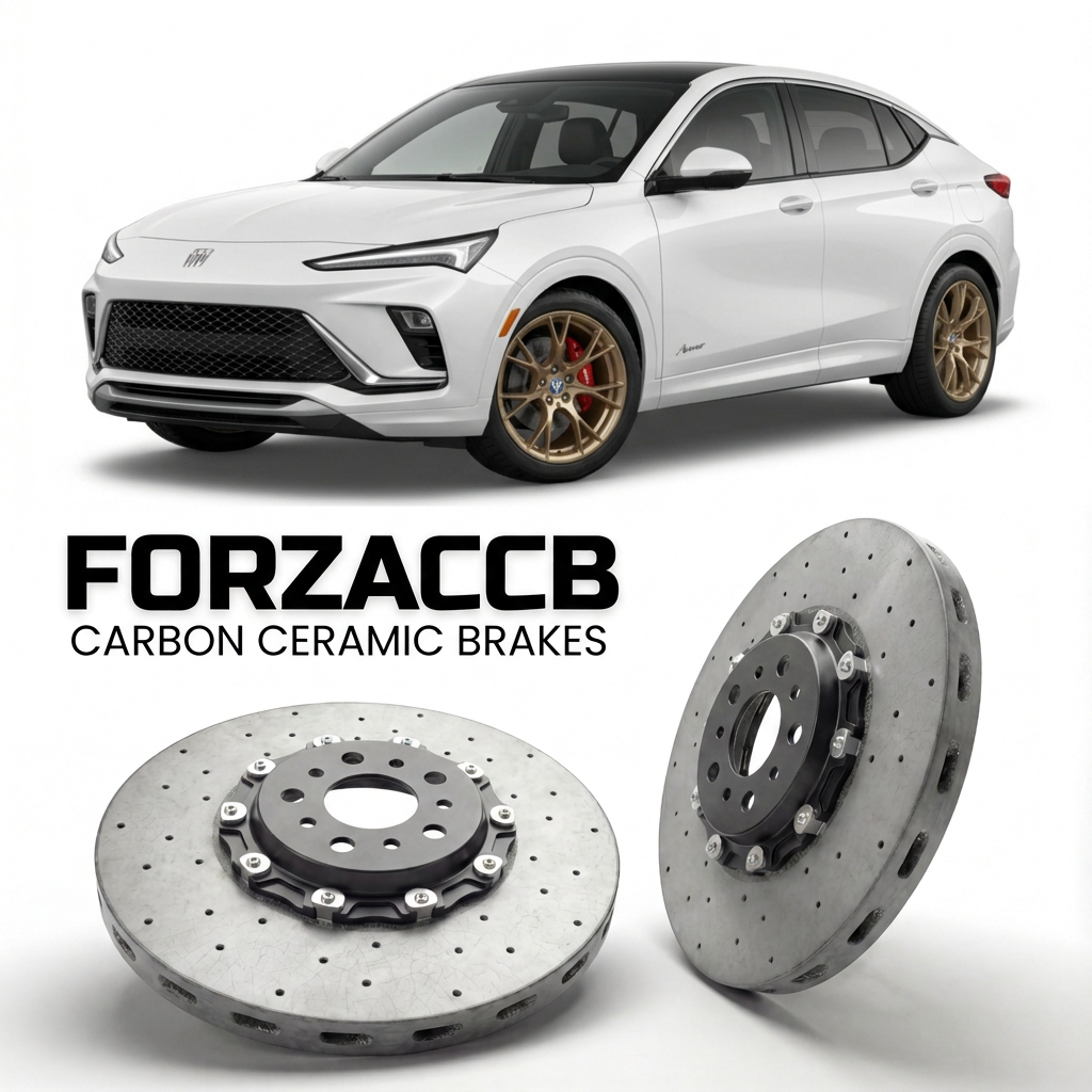 ForzaCCB direct OEM replacement carbon ceramic brake rotors for 2023 and newer Buick Envista models, shown with a white Buick Envista car.