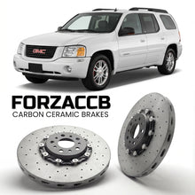 ForzaCCB direct OEM replacement carbon ceramic brake rotors for 2005-2005) GMC Envoy II XUV (GMT305 models, shown with a white GMC Envoy car.