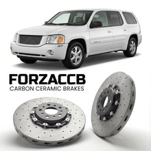 ForzaCCB direct OEM replacement carbon ceramic brake rotors for 2005-2006) GMC Envoy II XL (GMT370 models, shown with a white GMC Envoy car.
