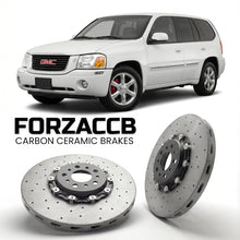 ForzaCCB direct OEM replacement carbon ceramic brake rotors for 2005-2009) GMC Envoy II (GMT360 models, shown with a white GMC Envoy car.