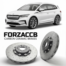 ForzaCCB direct OEM replacement carbon ceramic brake rotors for 2020 and newer Skoda Enyaq iV models, shown with a white Skoda Enyaq iV car.