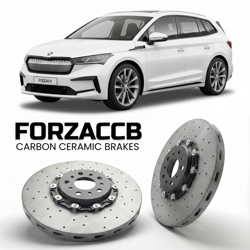 ForzaCCB direct OEM replacement carbon ceramic brake rotors for 2020 and newer Skoda Enyaq iV models, shown with a white Skoda Enyaq iV car.